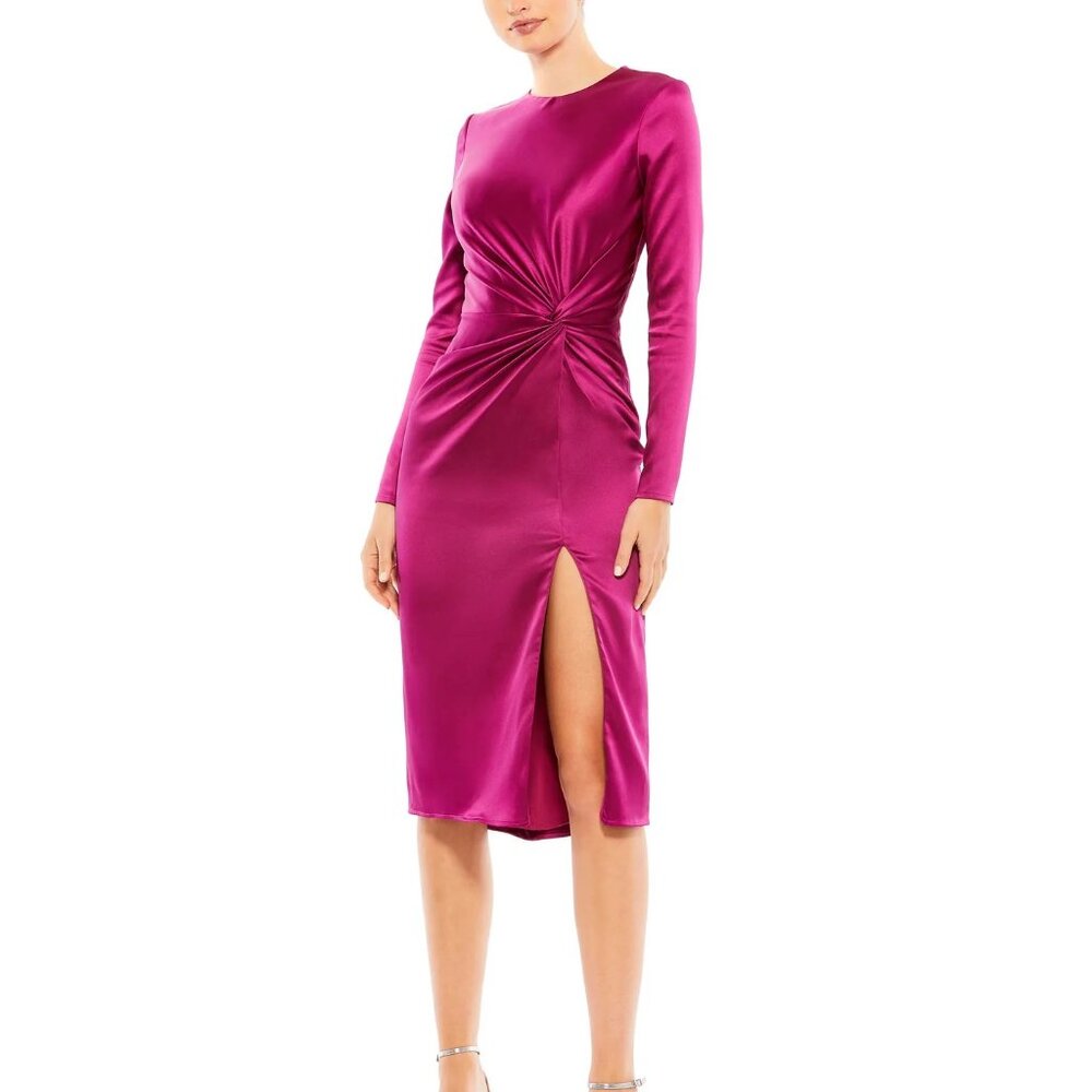 NEW | Mac Duggal 26675 Magenta Side Twist Long Sleeve Satin Midi Dress 10